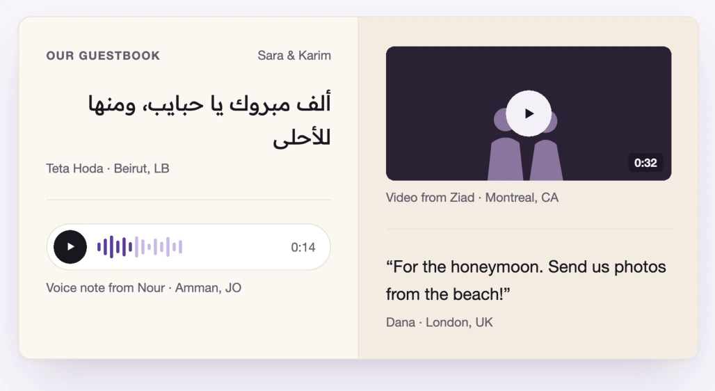 A keepsake guestbook with Arabic wishes, voice notes, videos, and messages from loved ones