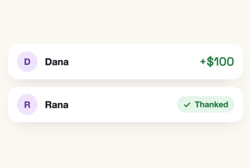 Dana sends $100 and Rana receives a thank-you